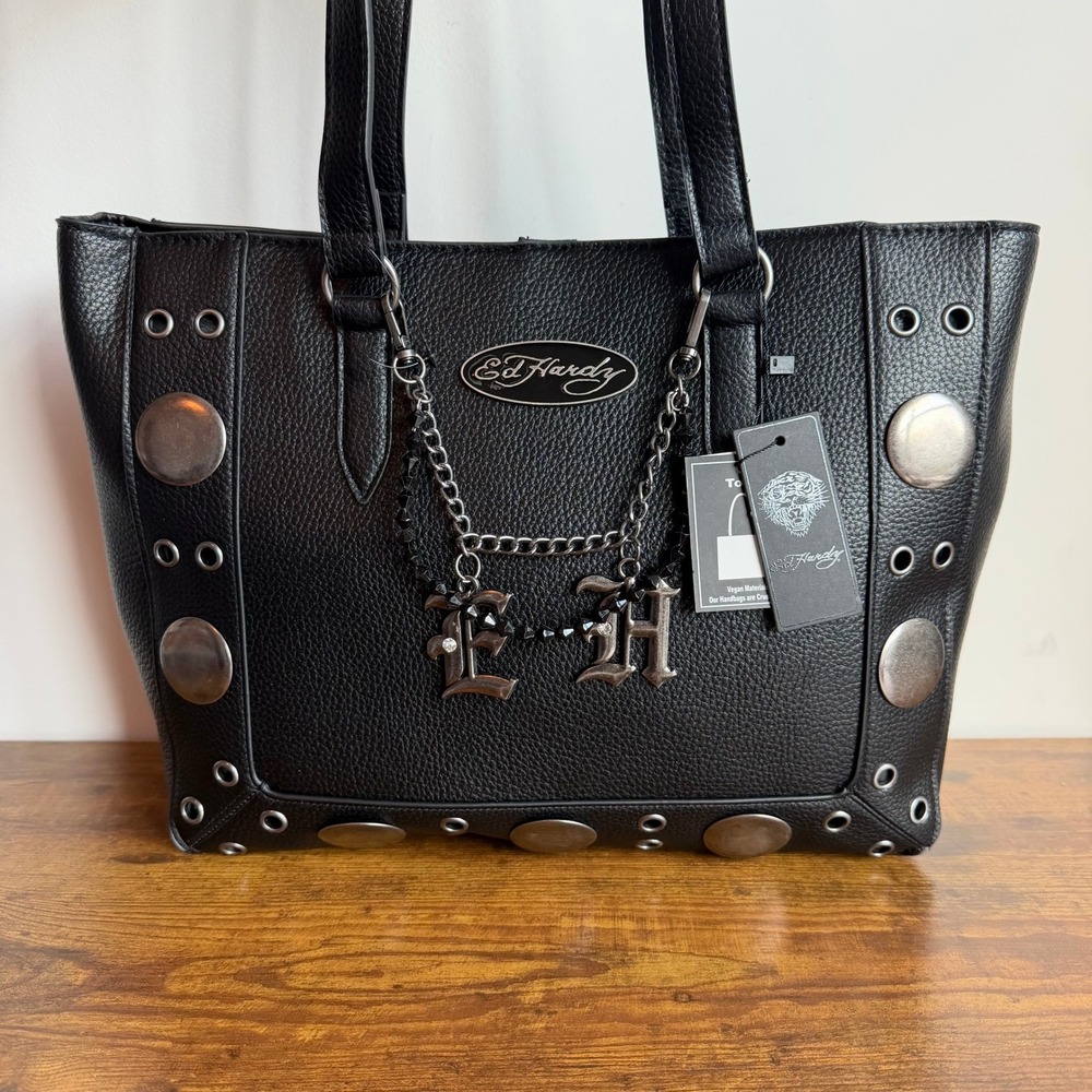 New Ed Hardy Black Tote Shoulder Handbag Skull Y2K Gothic Charms Studded